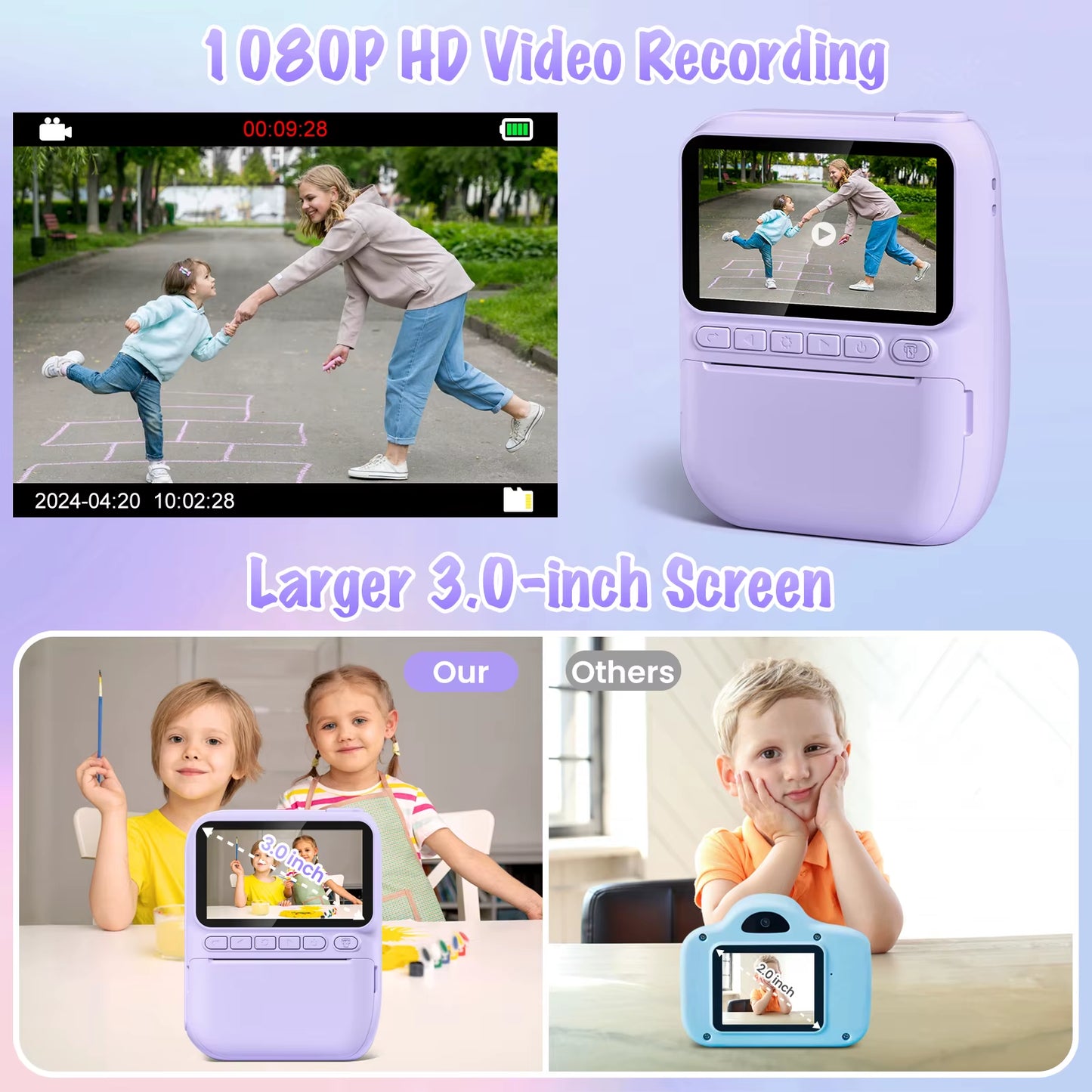 Kids Digital Camera 3.0" Portable Instant Print Camera 32MP HD 1080P Camera Toy Gift for 6-12 Year with 3 Rolls Printer Paper