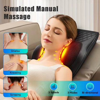 Multi-Functional Massage Pillow Kneading Deep Tissue Hot Compress Neck Shiatsu Cervical Traction Back Waist Body Massage Cushion