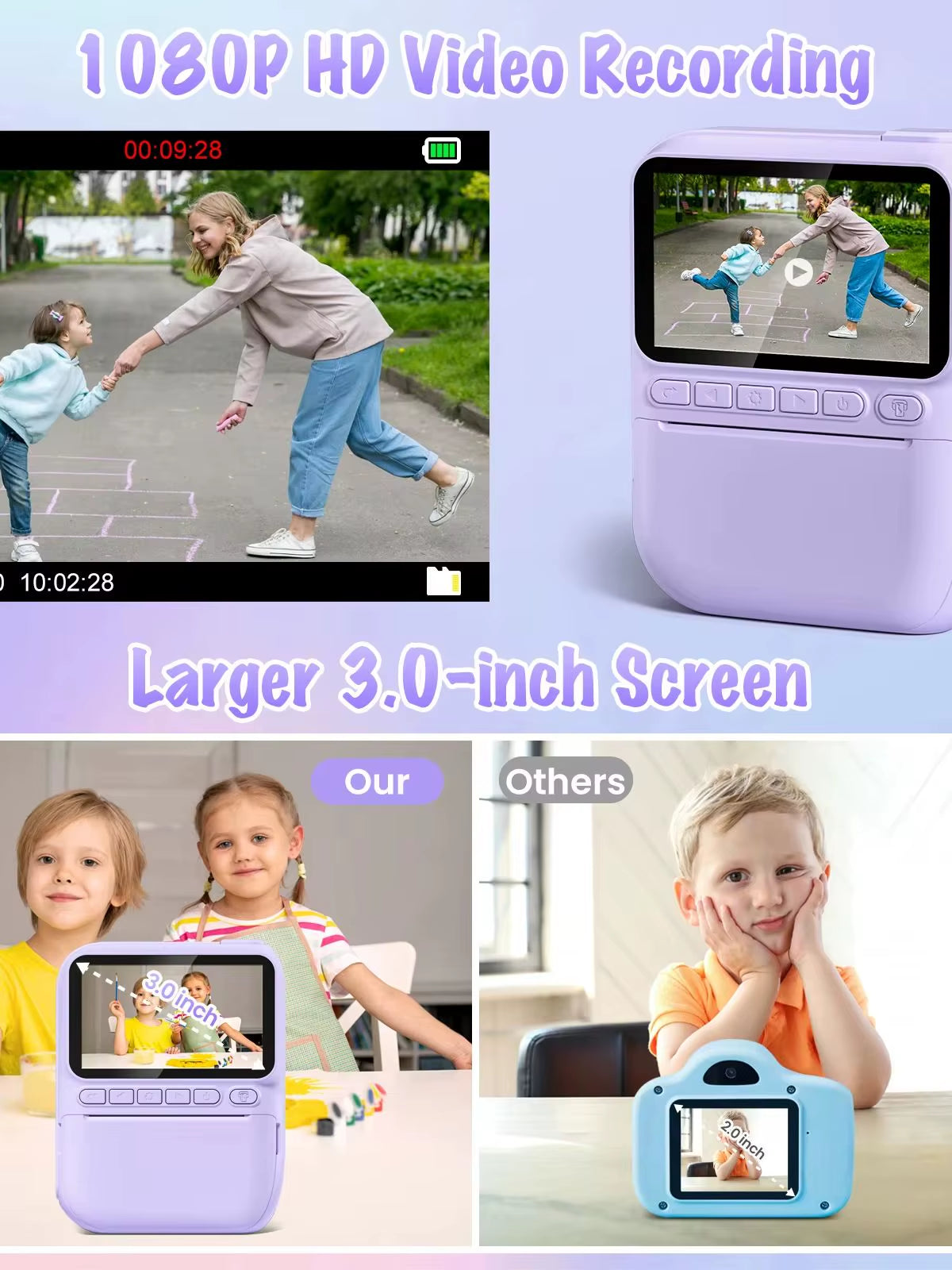 Kids Digital Camera 3.0" Portable Instant Print Camera 32MP HD 1080P Camera Toy Gift for 6-12 Year with 3 Rolls Printer Paper