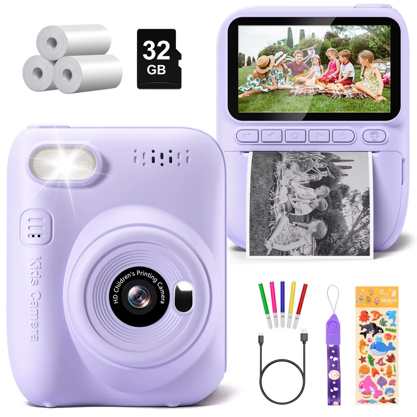 Kids Digital Camera 3.0" Portable Instant Print Camera 32MP HD 1080P Camera Toy Gift for 6-12 Year with 3 Rolls Printer Paper