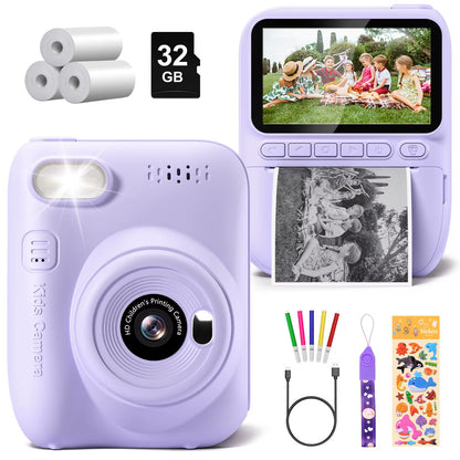 Kids Digital Camera 3.0" Portable Instant Print Camera 32MP HD 1080P Camera Toy Gift for 6-12 Year with 3 Rolls Printer Paper