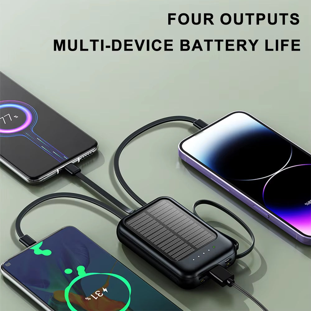 Portable Solar Power Bank 20000Mah Mobile Phone Charger Built in Cables with LED Flashlights for Huawei Iphone Samsung Xiaomi