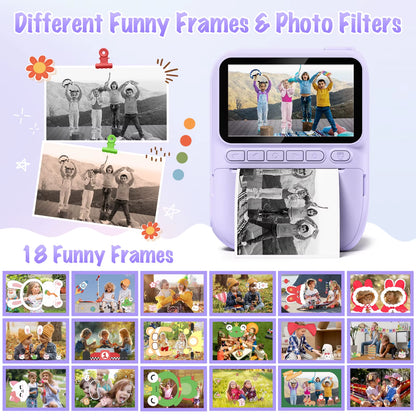 Kids Digital Camera 3.0" Portable Instant Print Camera 32MP HD 1080P Camera Toy Gift for 6-12 Year with 3 Rolls Printer Paper