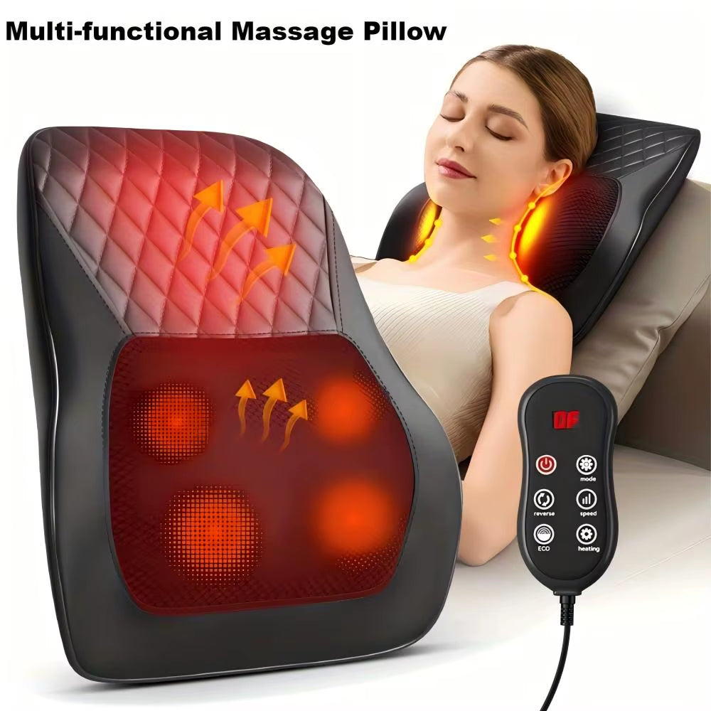 Multi-Functional Massage Pillow Kneading Deep Tissue Hot Compress Neck Shiatsu Cervical Traction Back Waist Body Massage Cushion
