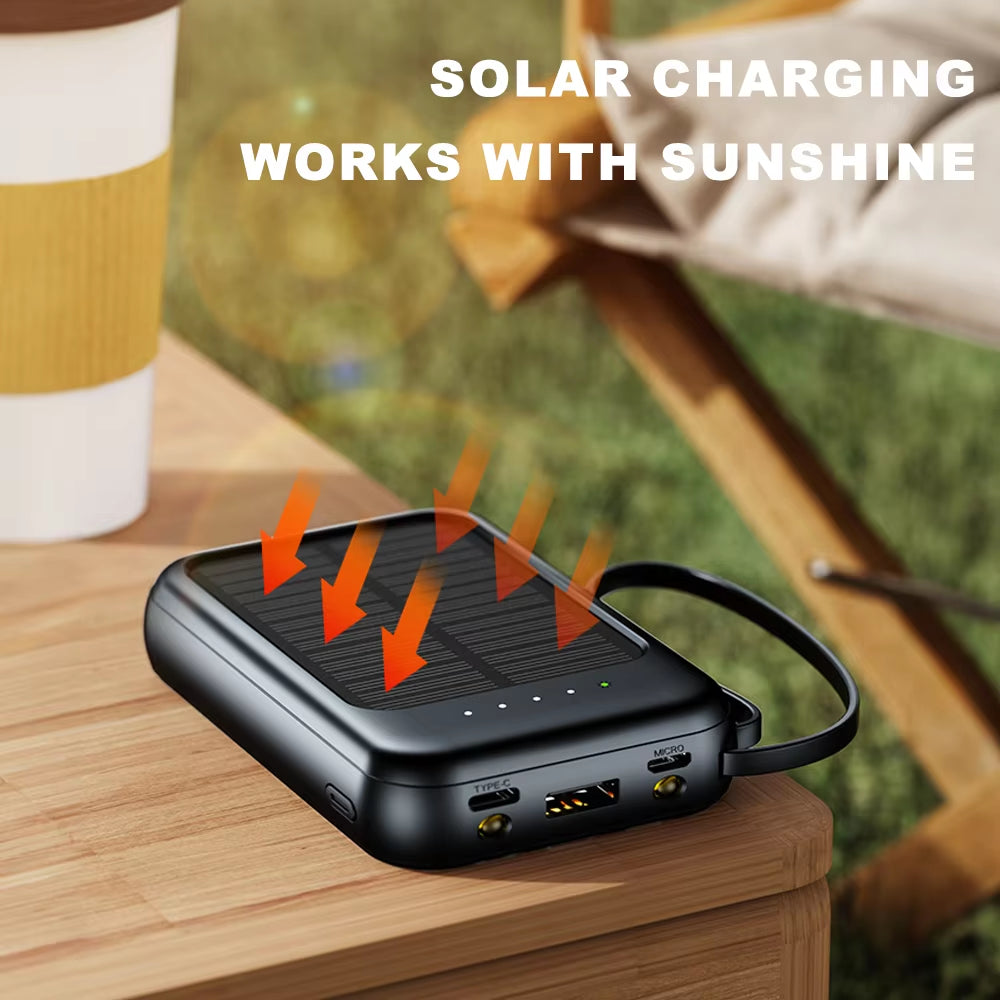 Portable Solar Power Bank 20000Mah Mobile Phone Charger Built in Cables with LED Flashlights for Huawei Iphone Samsung Xiaomi